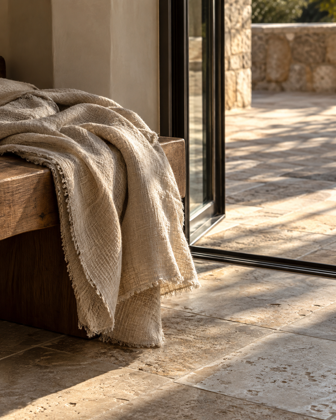 A linen throw draped over a wooden bench in afternoon light