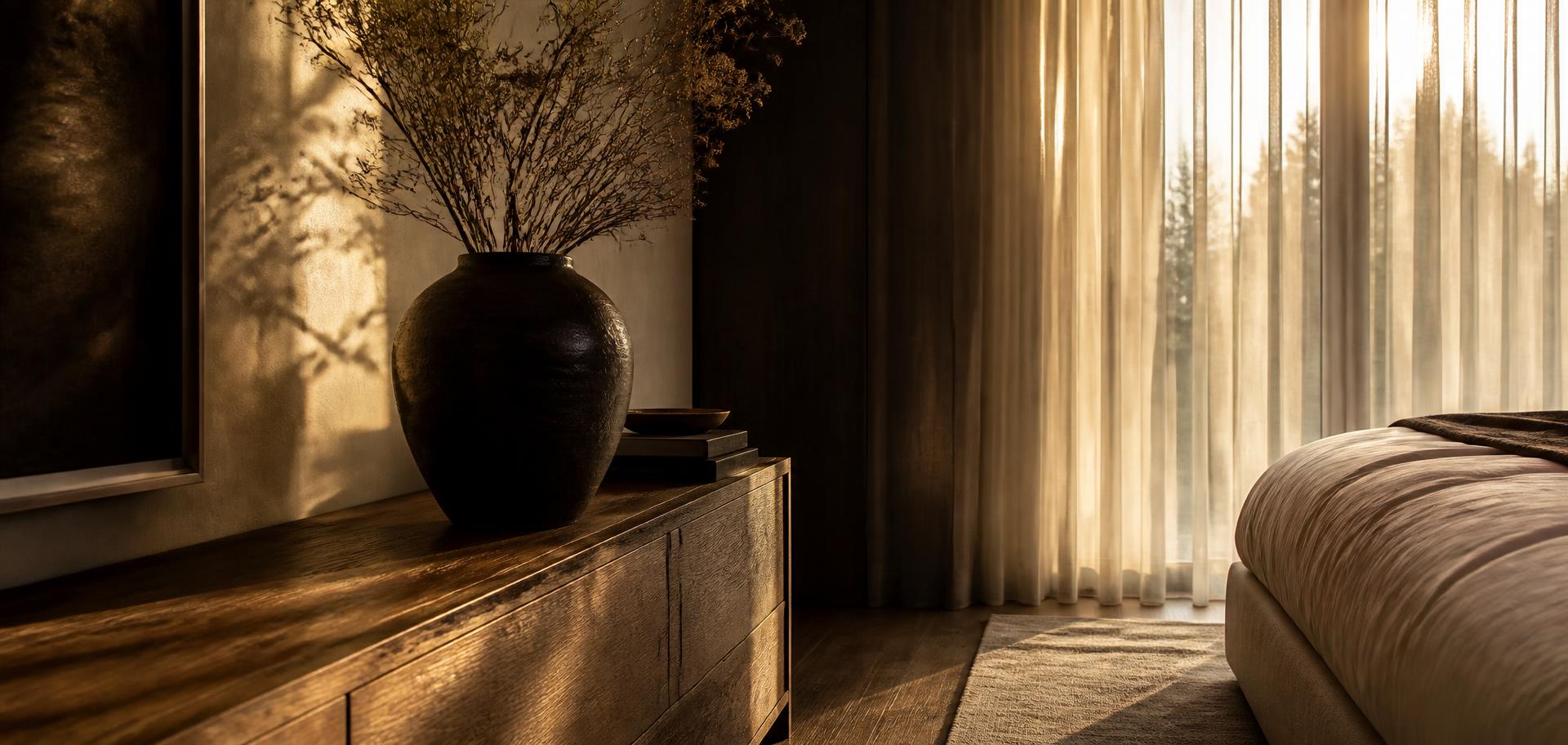 A sunlit bedroom at golden hour with a dark ceramic vase on an oak console and sheer curtains