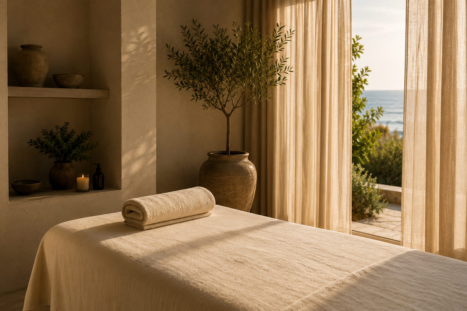 A spa treatment table beside sheer curtains and an ocean view at golden hour
