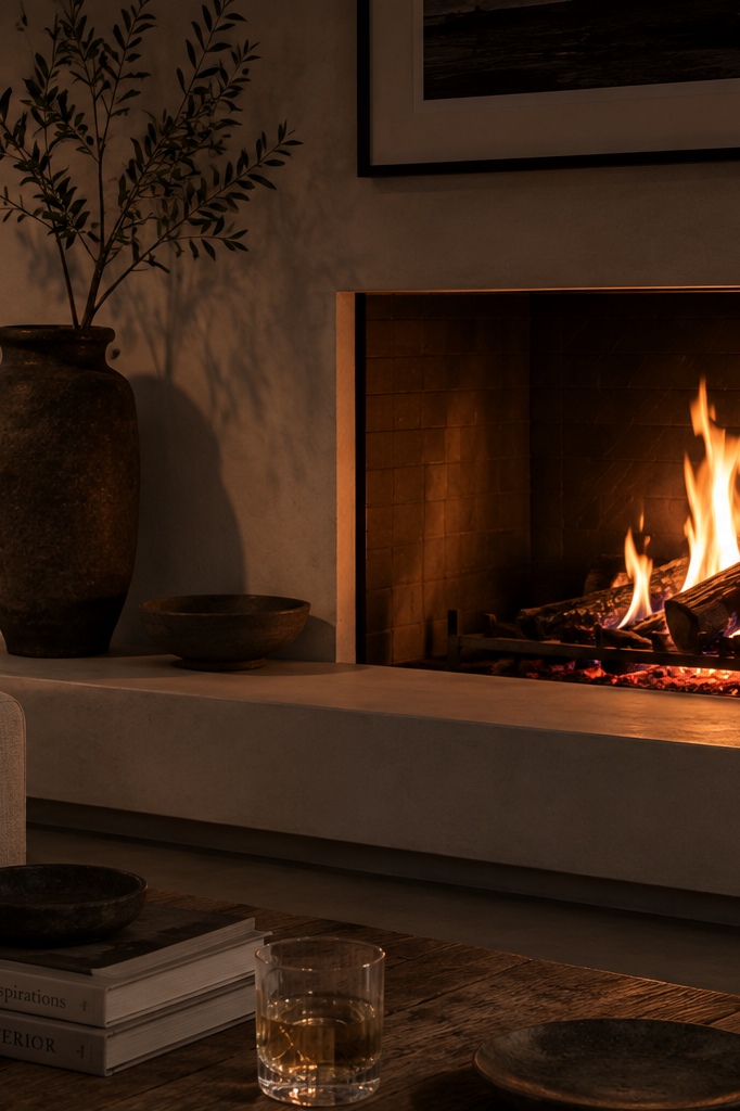 A plaster fireplace lit at dusk beside a linen sofa, with the ocean dark beyond the glass