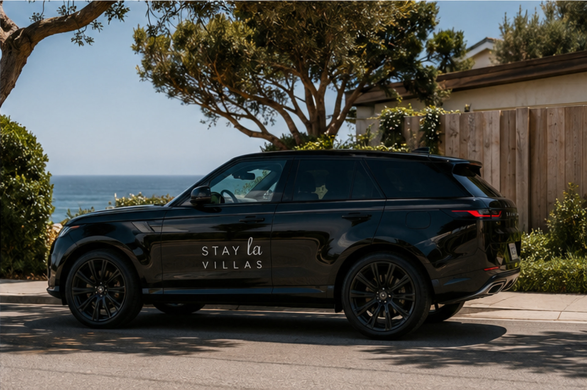 A black Stay LA Villas Range Rover parked above the ocean on a coastal street