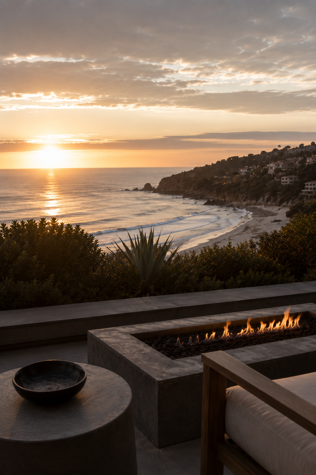 A terrace fire pit and lounge chair facing a sunset over the Pacific coastline