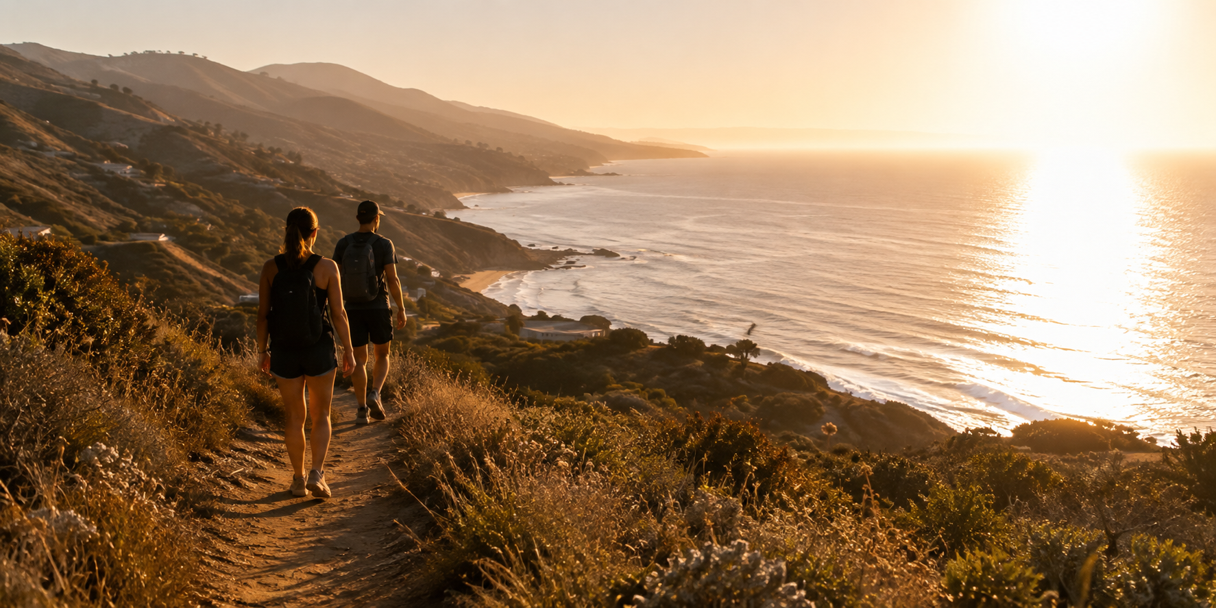 Two hikers on a coastal trail above the Malibu shoreline at golden hour