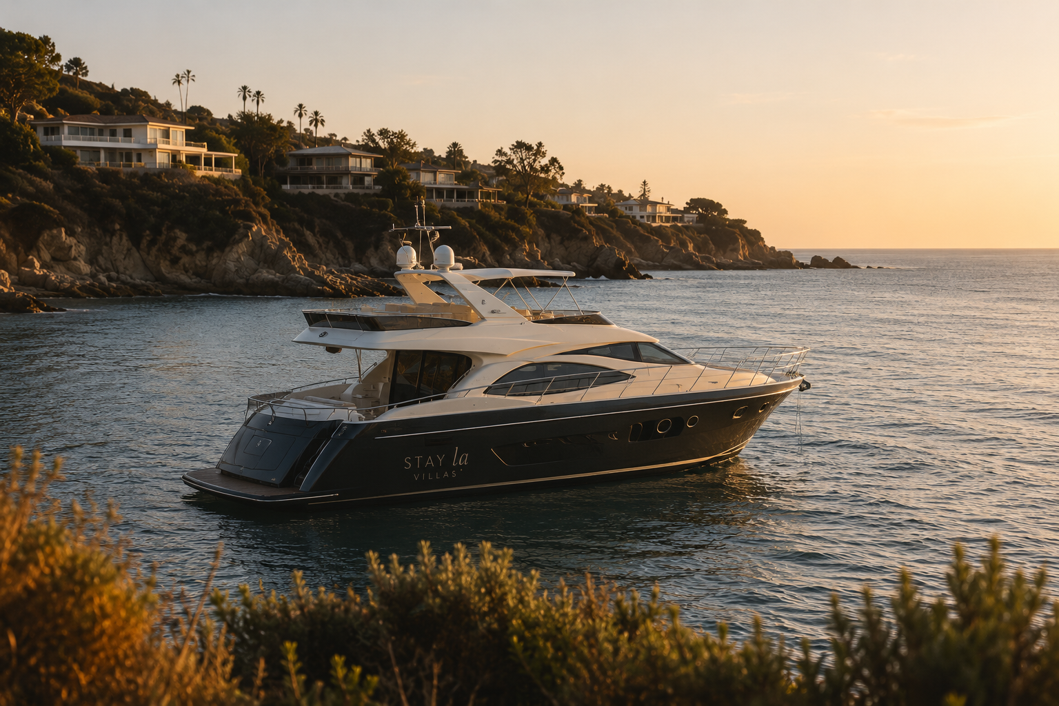 A charter yacht anchored in a cove below coastal homes at sunset