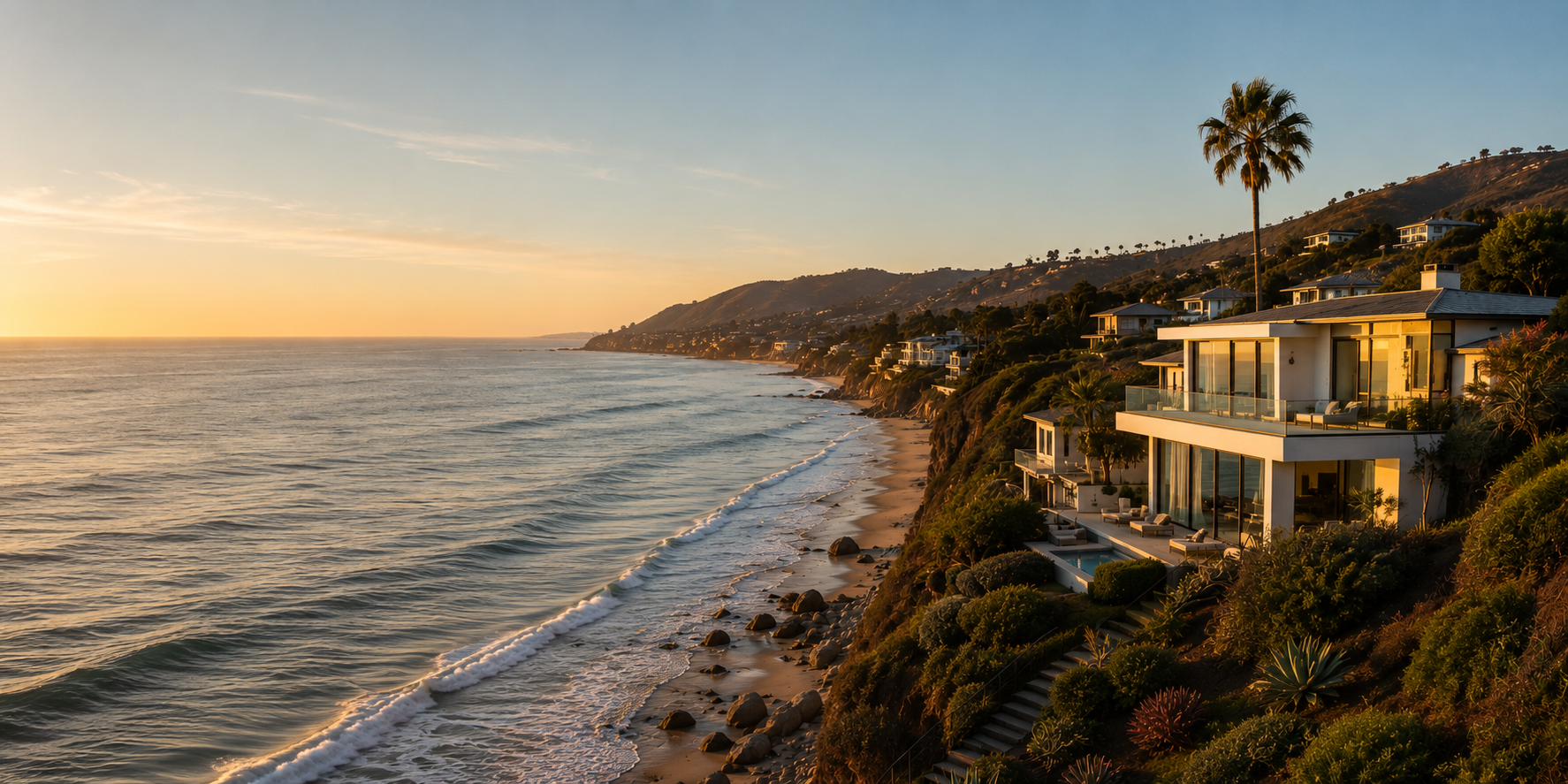 Sunlit Malibu coastline at golden hour, with a modern glass-walled villa on the bluff above the Pacific