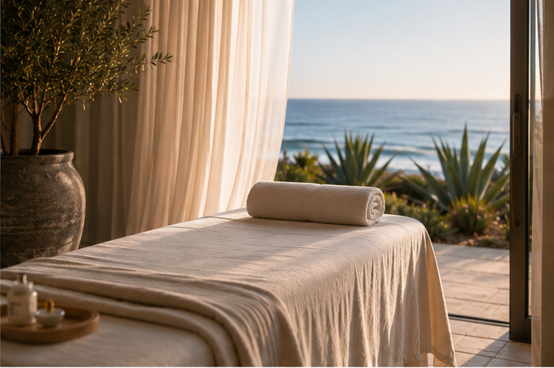 A massage table dressed in linen beside open doors to the sea at golden hour