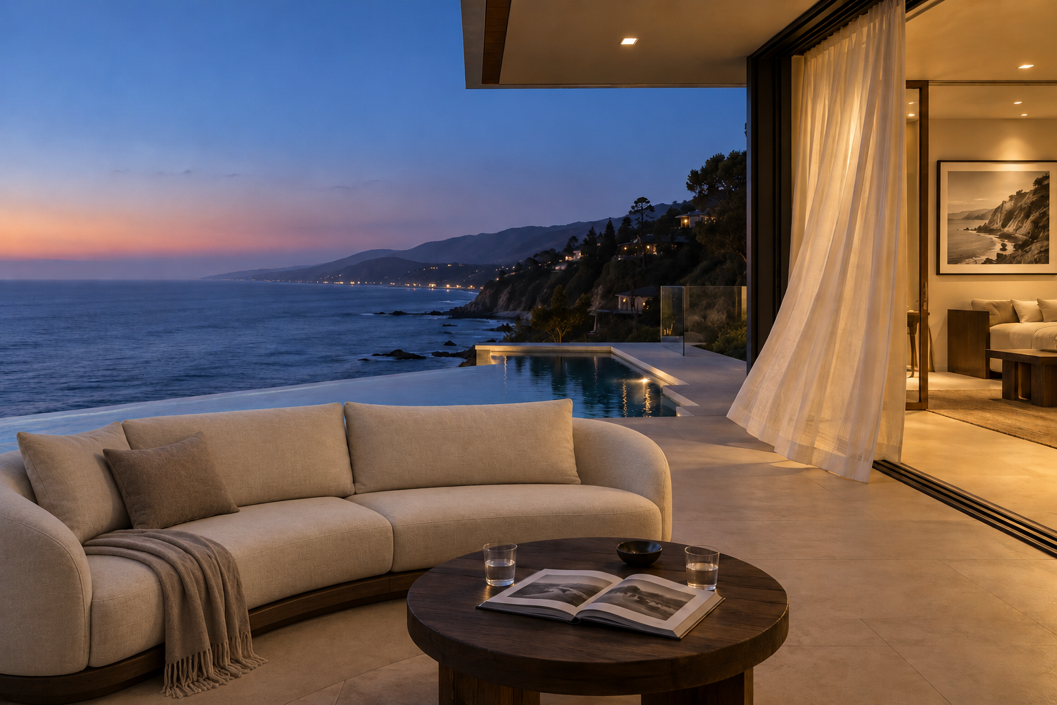 An oceanfront villa terrace and infinity pool at sunset
