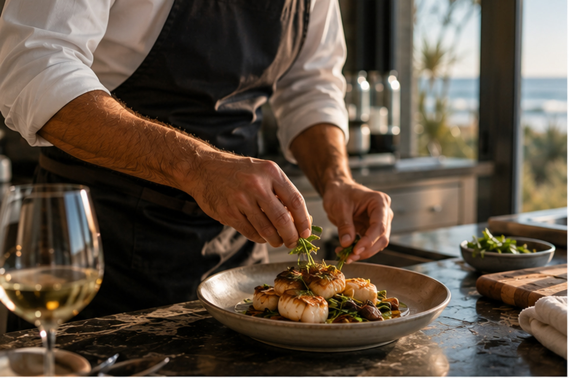 A private chef plating scallops on a marble counter above the ocean
