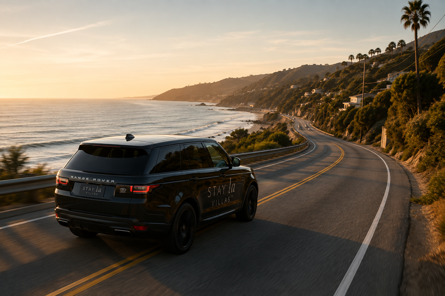 A dark SUV on the Pacific Coast Highway above the ocean at sunset