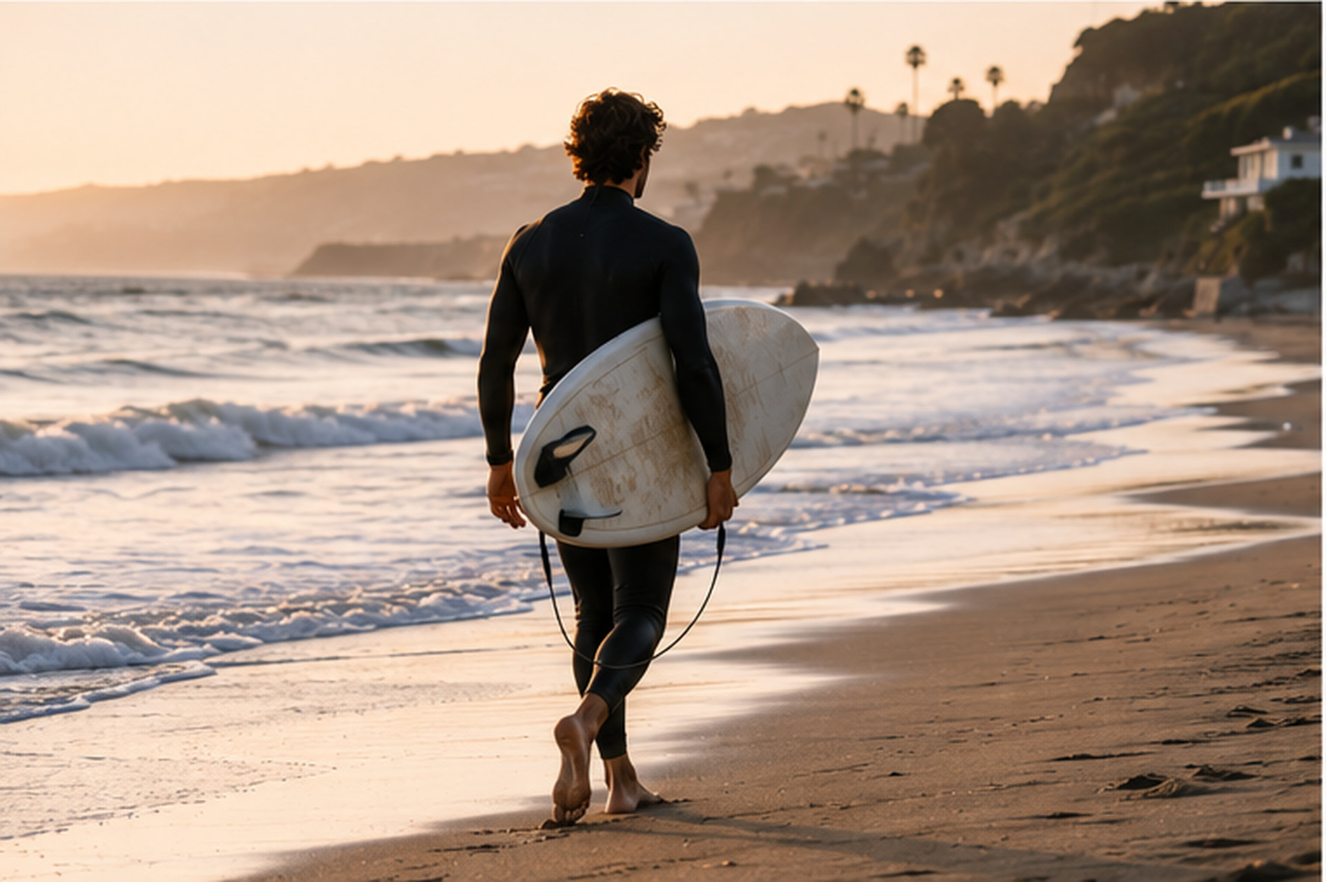 A surfer walking the Malibu shoreline at sunset with his board