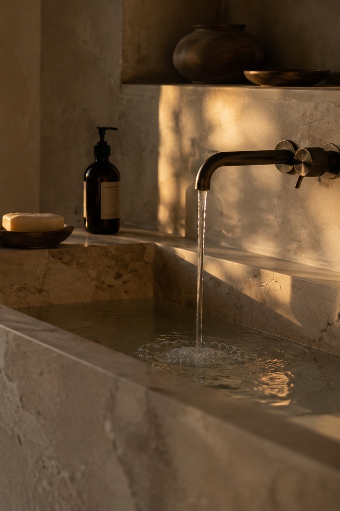 A stone basin with running water, a linen towel and a lit candle in warm evening light