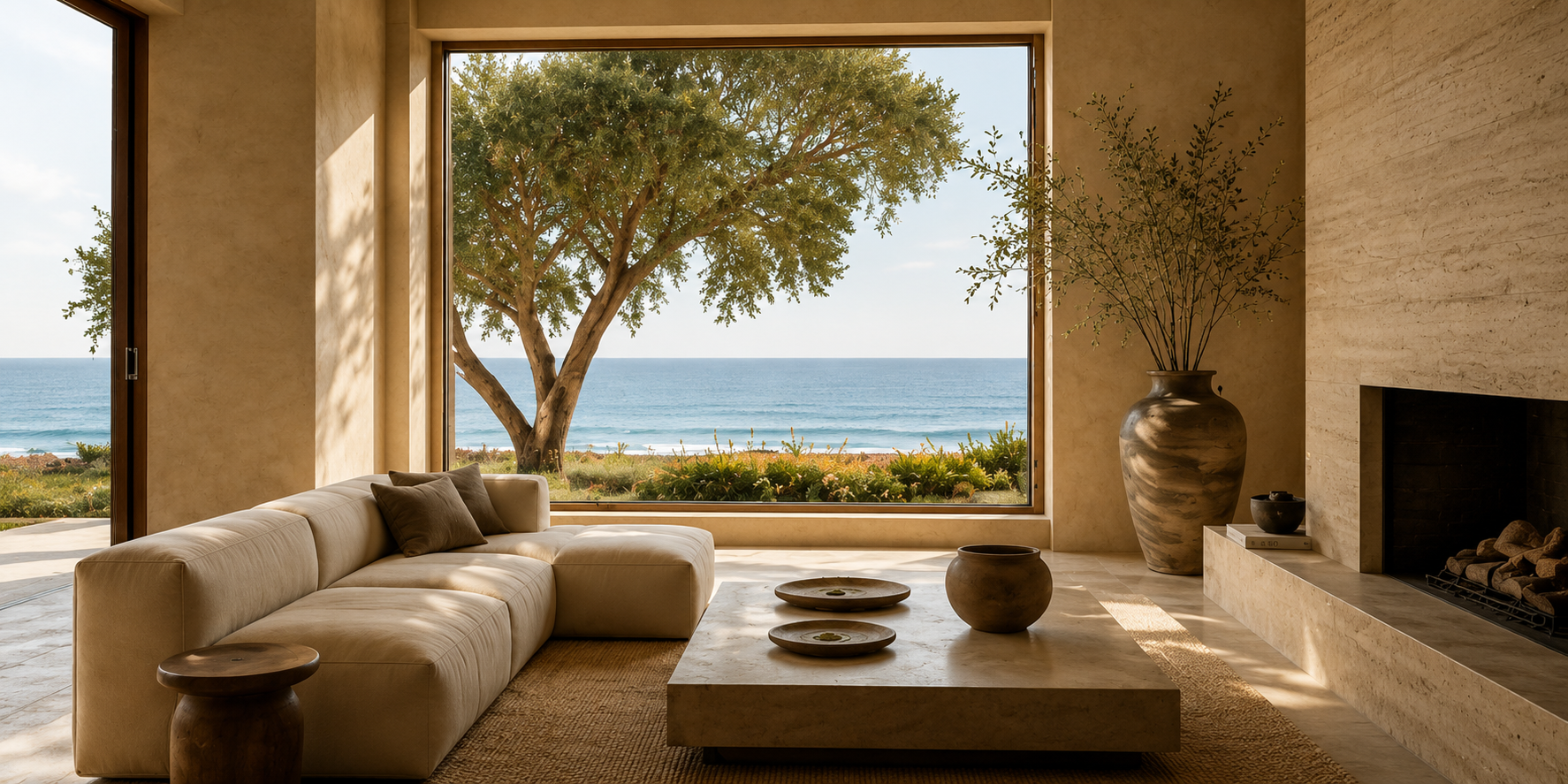 A sunlit Malibu living room in warm plaster and travertine, an olive tree and the Pacific framed by a picture window