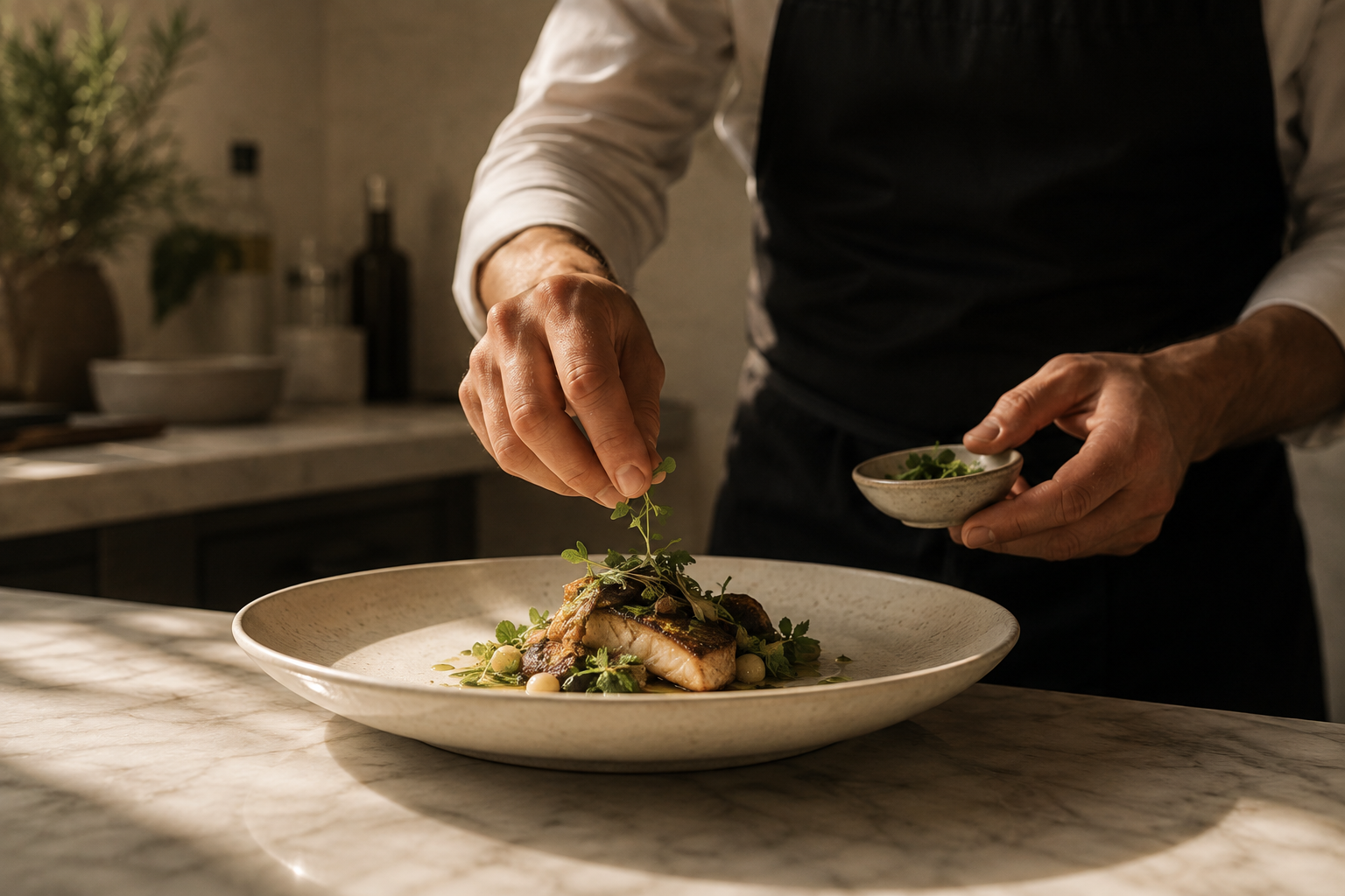 A chef finishing a plated fish dish with herbs on a marble counter in a sunlit villa kitchen