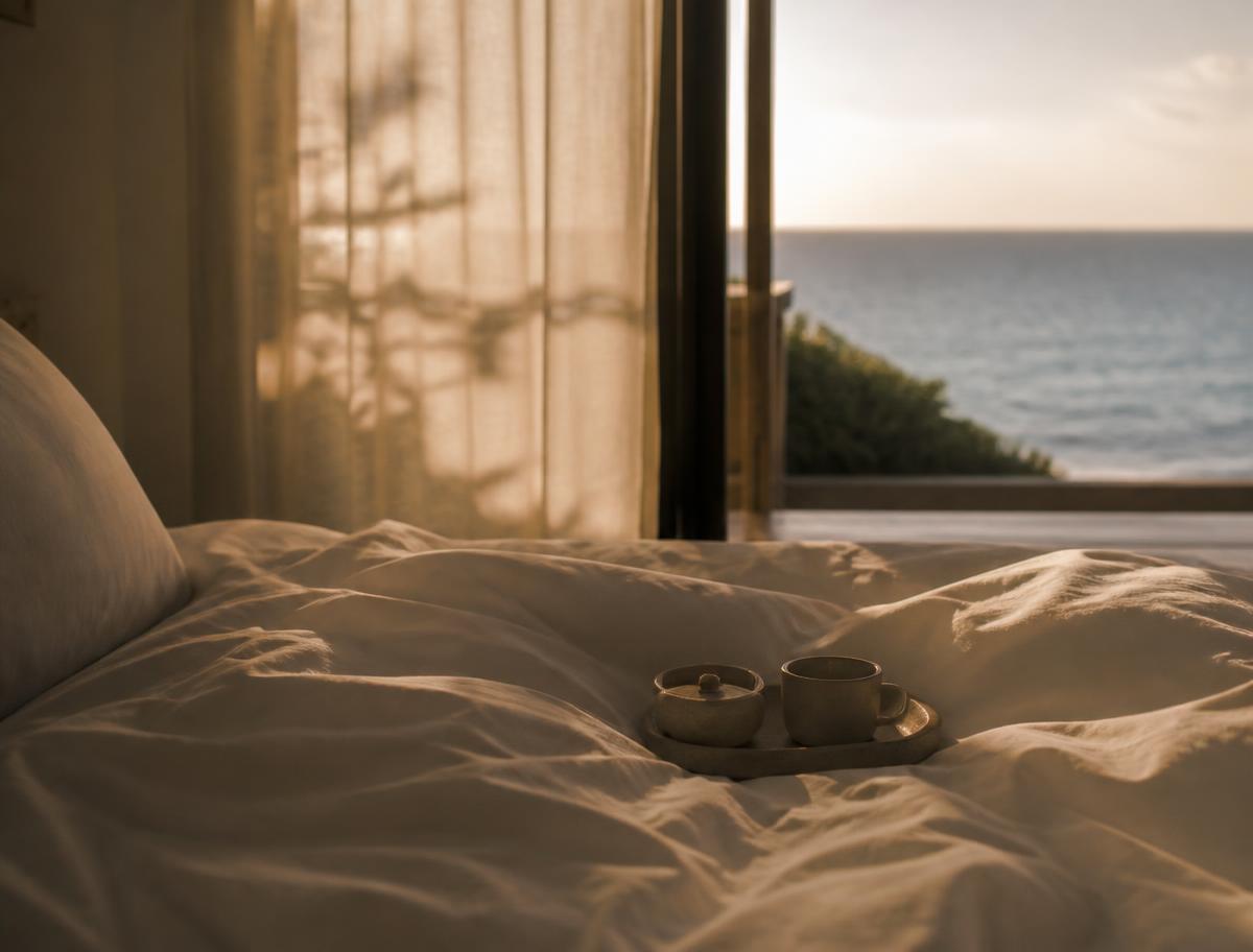 Sunlit linen bedding with a ceramic coffee tray and the ocean beyond an open door