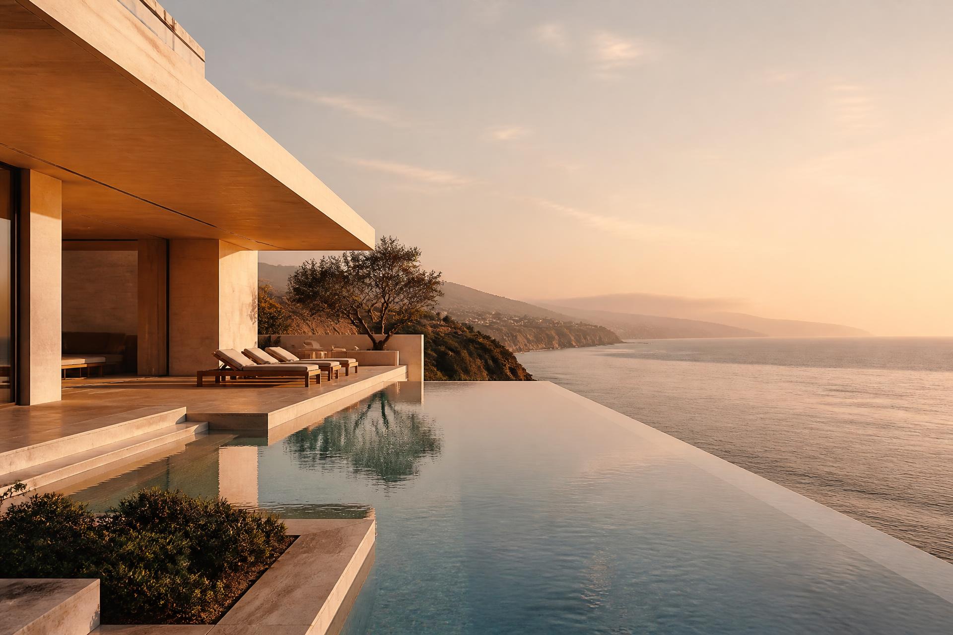 A modern clifftop villa above the Pacific at dusk in Malibu